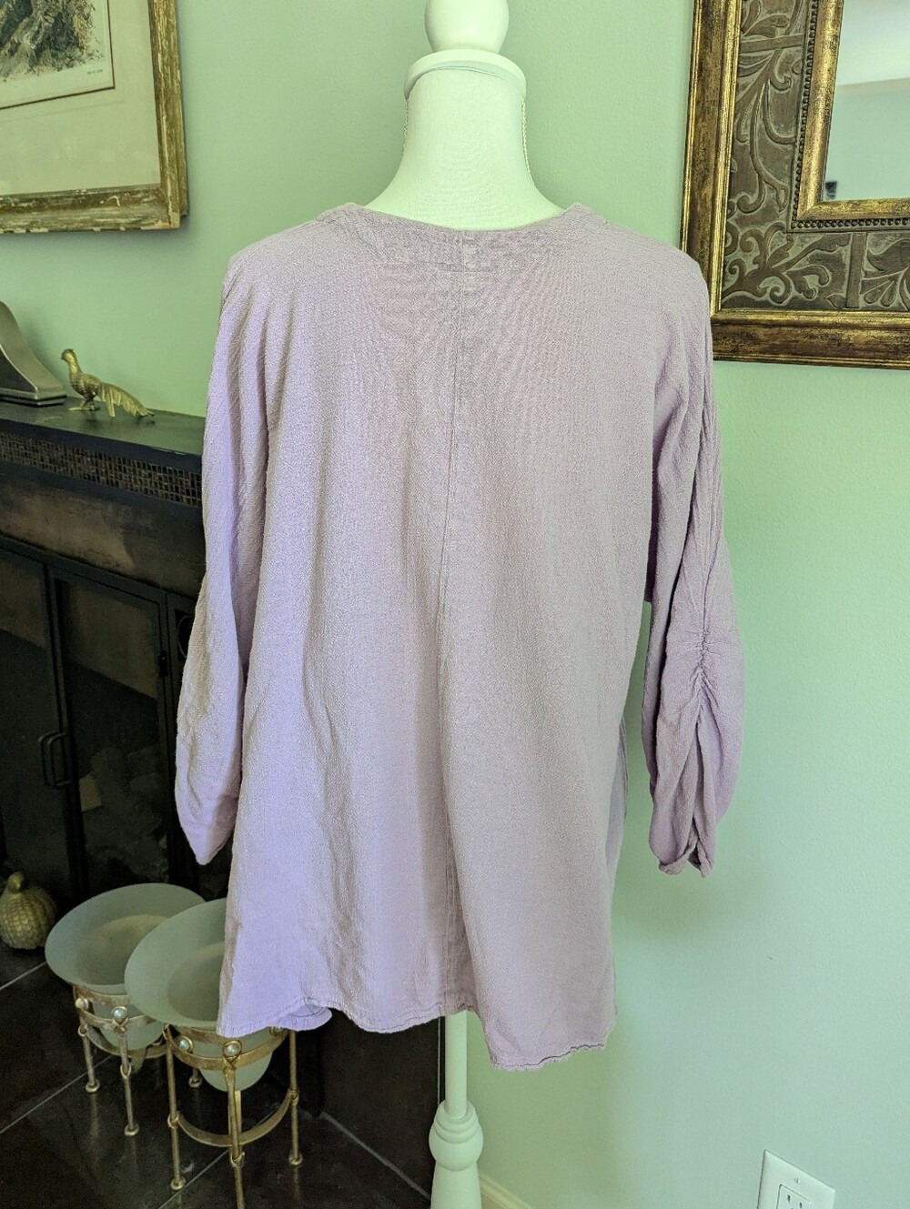Oh My Gauze Size 2 L/XL Lagenlook Lilac 3/4 Ruched Sleeve Tunic Top Cotton - Picture 5 of 12